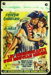 4k144 UNCONQUERED Belgian '47 cool Wik art of Gary Cooper w/sexy Paulette Goddard & two pistols!