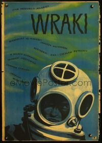 4k501 WRECKS Polish 24x34 '57 Wraki, great W. Janiszewski art of deep sea diver!