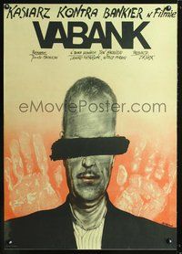 4k527 HIT THE BANK Polish 26x37 '80 cool Andrzej Pagowski art of mystery man & handprints!