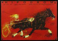 4k529 IPPODROM Polish 27x38 '82 cool Andrzej Pagowski art of race horse pulling jockey in buggy!