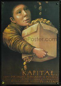 4k530 KAPITAL Polish 26x38 '89 Feliks Falk, wonderful art of boy w/box of coins by Wieslaw Walkuski!