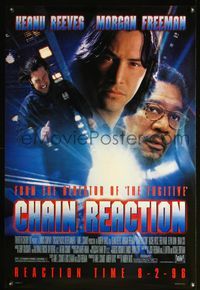 4m299 CHAIN REACTION DS advance style A 1sh '96 action image of Keanu Reeves, Morgan Freeman!