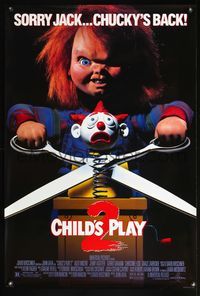 4m311 CHILD'S PLAY 2 1sh '90 great image of Chucky cutting jack-in-the-box with scissors!