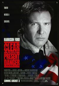 4m329 CLEAR & PRESENT DANGER advance 1sh '94 great portrait of Harrison Ford and American flag!