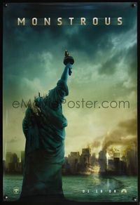 4m333 CLOVERFIELD teaser 1sh '08 wild image of destroyed New York & Lady Liberty decapitated!