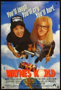 4m794 WAYNE'S WORLD DS int'l 1sh '91 Mike Myers, Dana Carvey, one world, one party, excellent!