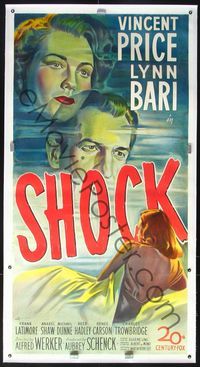 4r104 SHOCK linen 3sh '45 cool stone litho of Vincent Price & pretty Lynn Bari + girl in bed!