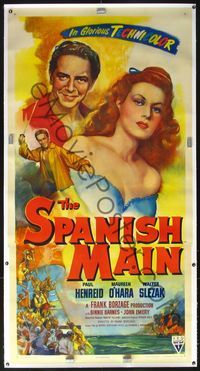 4r105 SPANISH MAIN linen 3sh '45 art of beautiful Maureen O'Hara & Paul Henreid, first color RKO!