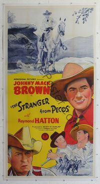 4r108 STRANGER FROM PECOS linen 3sh '43 art of cowboy Johnny Mack Brown on horseback & close up!