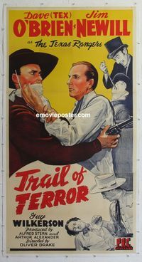 4r114 TRAIL OF TERROR linen 3sh '43 cowboys Dave O'Brien & Jim Newill are The Texas Rangers!