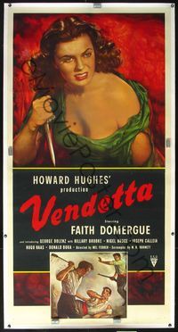 4r117 VENDETTA linen 3sh '50 Howard Hughes, art of sexy bad girl Faith Domergue holding knife!