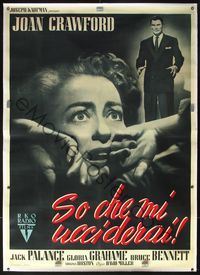 4r336 SUDDEN FEAR linen Italian 2p '52 great close up of terrified Joan Crawford + Jack Palance!