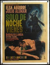 4r410 SOLO DE NOCHE VIENES linen Mexican poster '66 couple necking in front of Jesus carrying cross!