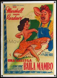 4r413 UNA GALLEGA BAILA MAMBO linen Mexican poster '51 wacky cartoon art of Nini Marshall & Pardave!