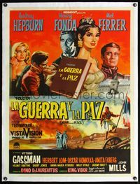 4r414 WAR & PEACE linen Mexican poster '60 art of Audrey Hepburn, Fonda & Ferrer, Leo Tolstoy epic!