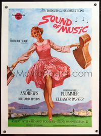 4r167 SOUND OF MUSIC linen Swedish '65 classic artwork of Julie Andrews running with bag & guitar!