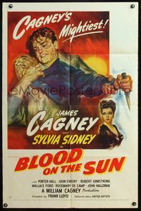 4x085 BLOOD ON THE SUN 1sh '45 great artwork of James Cagney fighting, plus sexy Sylvia Sidney!