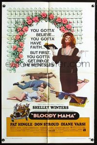 4x086 BLOODY MAMA domestic 1sh '70 Roger Corman, AIP, crazy Shelley Winters w/Bible and tommy gun!