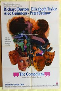 4x141 COMEDIANS style B 1sh '67 Allison art of Burton, Elizabeth Taylor, Alec Guinness & Ustinov!