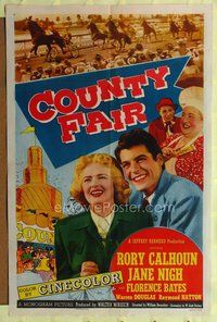 4x151 COUNTY FAIR 1sh '50 smiling Rory Calhoun & Jane Nigh, cool harness race image!