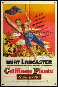 4x158 CRIMSON PIRATE 1sh '52 great image of barechested Burt Lancaster swinging on rope w/flag!