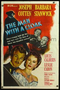 4x611 MAN WITH A CLOAK 1sh '51 what strange hold did he have over Barbara Stanwyck & Joseph Cotten!