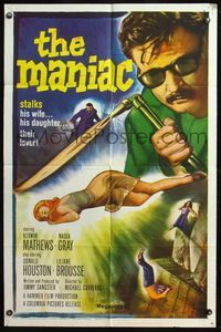 4x627 MANIAC 1sh '63 Kerwin Mathews, Hammer, he stalks his wife, his daughter, their lover!