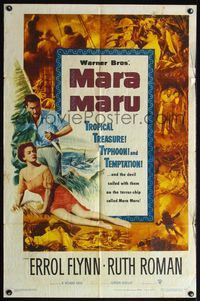 4x632 MARA MARU 1sh '52 montage of Errol Flynn & sexy Ruth Roman in the tropical Philippines!