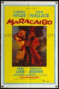 4x634 MARACAIBO 1sh '58 romantic artwork of Cornel Wilde & Jean Wallace in front of explosion!