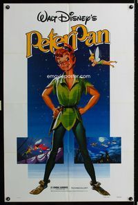 4x746 PETER PAN 1sh R82 Walt Disney animated cartoon fantasy classic, great full-length art!