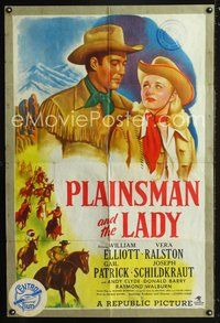 4x757 PLAINSMAN & THE LADY paperbacked 1sh '46 art of Wild Bill Elliott & Vera Ralston,Pony Express!