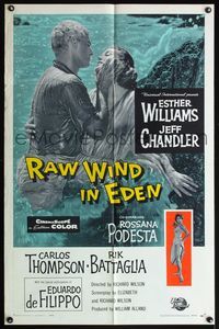 4x780 RAW WIND IN EDEN 1sh '58 sexy Esther Williams & Jeff Chandler kissing in the ocean!