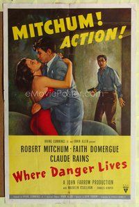 4x981 WHERE DANGER LIVES 1sh '50 classic art of Robert Mitchum holding Faith Domergue + Rains w/gun