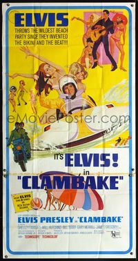 5b133 CLAMBAKE 3sh '67 cool art of Elvis Presley in speed boat with sexy babes, rock & roll!