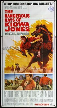 5b141 DANGEROUS DAYS OF KIOWA JONES 3sh '66 art of cowboy on horse, stop him or stop his bullets!