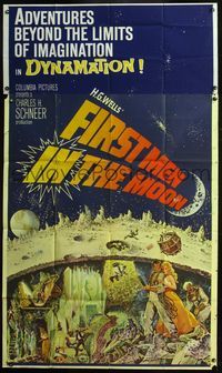 5b166 FIRST MEN IN THE MOON INCOMPLETE 3sh '64 Ray Harryhausen, H.G. Wells, great sci-fi artwork!