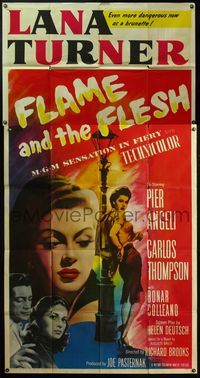 5b167 FLAME & THE FLESH 3sh '54 artwork of sexy brunette bad girl Lana Turner, plus Pier Angeli!