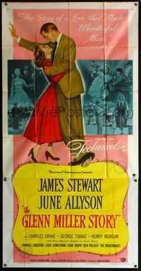 5b187 GLENN MILLER STORY 3sh '54 James Stewart in the title role, June Allyson, Louis Armstrong!