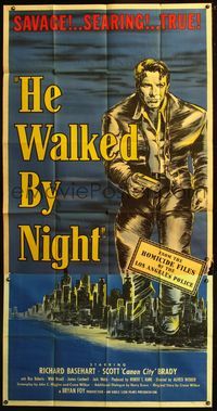 5b197 HE WALKED BY NIGHT 3sh '48 cool artwork of Richard Basehart looming over Los Angeles!