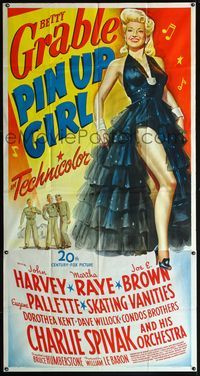 5b284 PIN UP GIRL 3sh '44 stone litho of sexy full-length Betty Grable in black dress!