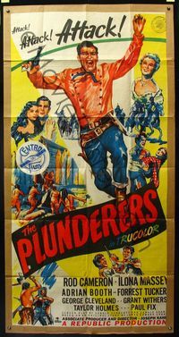 5b286 PLUNDERERS 3sh '48 Rod Cameron, Ilona Massey, cool cast montage art!