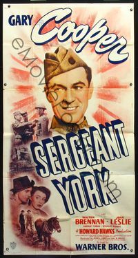 5b300 SERGEANT YORK 3sh R49 great headshot artwork of Gary Cooper in uniform, Howard Hawks