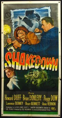 5b306 SHAKEDOWN 3sh '50 Howard Duff, Brian Donlevy, Peggy Dow, great film noir art!