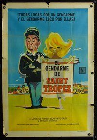 5b446 GENDARME OF ST TROPEZ Argentinean '64 Louis de Funes on beach with naked girl behind towel!