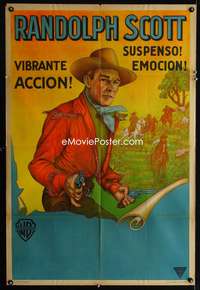 5b538 RANDOLPH SCOTT Argentinean '40s cool cowboy stone litho holding two guns!