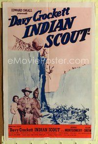 5d108 DAVY CROCKETT INDIAN SCOUT 1sh R55 George Montgomery in the title role, image of boulder trap