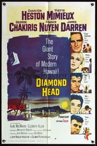 5d126 DIAMOND HEAD 1sh '62 Charlton Heston, Yvette Mimieux, Howard Terpning art of Hawaii!