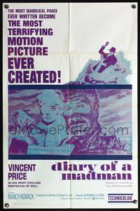 5d132 DIARY OF A MADMAN 1sh '63 Vincent Price in his most chilling portrayal of evil!