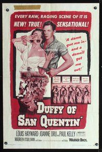 5d152 DUFFY OF SAN QUENTIN 1sh '54 Louis Hayward holds sexy nurse hostage, prison escape artwork!