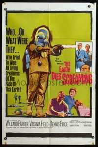 5d154 EARTH DIES SCREAMING 1sh '64 Terence Fisher sci-fi, wacky monster, who or what were they?